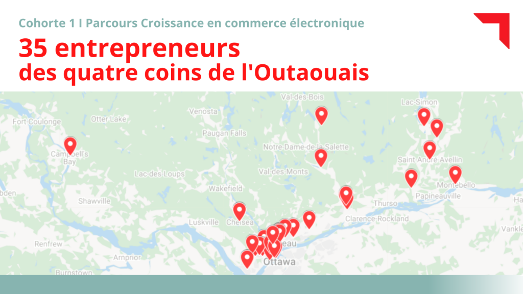 Carte géographique de l'Outaouais représentant les 35 entreprises inscrites dans le Parcours de croissance en commerce électronique de l'École des entrepreneurs du Québec et d'Export Outaouais